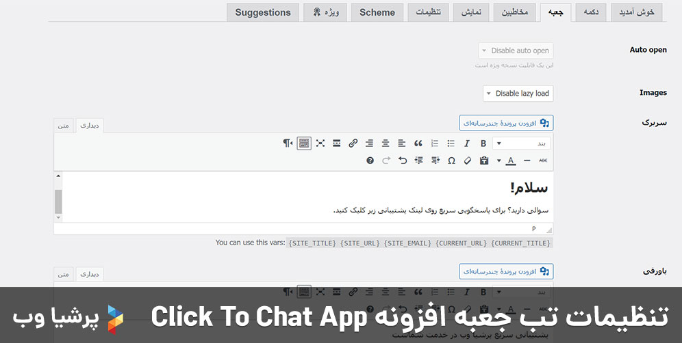 تنظیمات تب جعبه افزونه Click To Chat App 